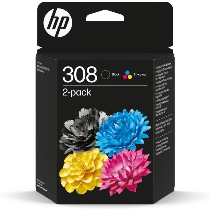 Pack de 2 cartouches d'encre HP 308 authentiques noire et tricolore (6L6S6UE) pour HP Envy 6110, 6120, 6130, 6520, 6530