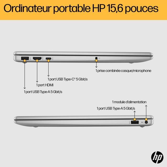 PC Portable HP 15-fc0071nf - 15,6 FHD - Ryzen 5-7520U - RAM 16Go - Stockage 512Go SSD - Windows 11 - AZERTY