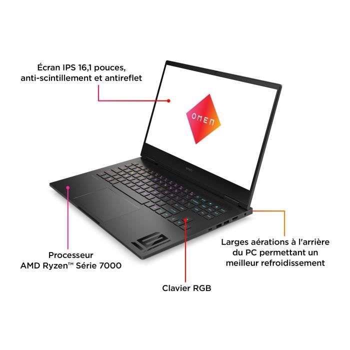 PC Portable Gamer HP Omen 16-xd0025nf - 16,1 FHD - Ryzen 7-7840HS - RAM 16Go - 512Go SSD - RTX 4060 8Go - Sans Windows - AZERTY