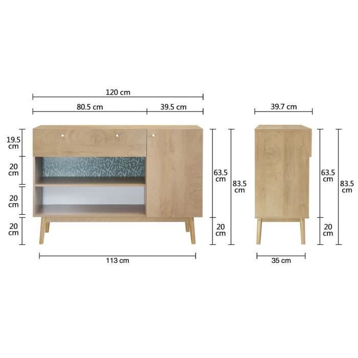 Buffet 1 portes 1 tiroir - Décor chene et vert - Pieds en bois massif - L 123 x P 40 xH 85 cm - GARDENIA