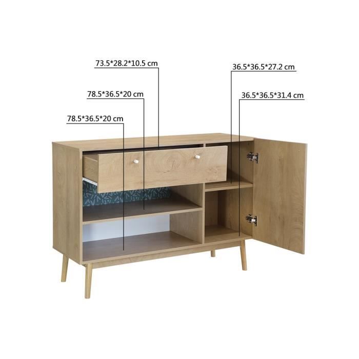 Buffet 1 portes 1 tiroir - Décor chene et vert - Pieds en bois massif - L 123 x P 40 xH 85 cm - GARDENIA