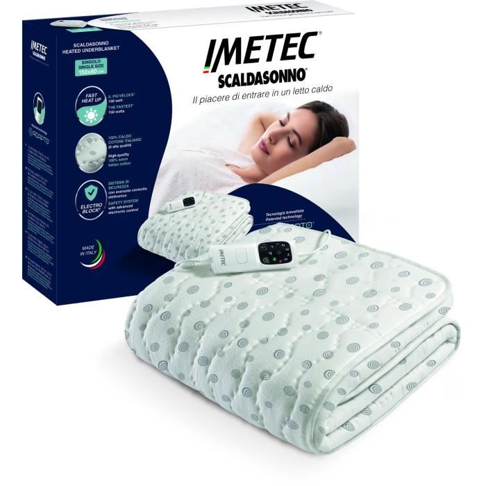 Surmatelas Chauffant - Imetec - 1 Place Adapto, 150x80cm - 6 Températures - 100% Coton Chauffage Rapide - Température Constante