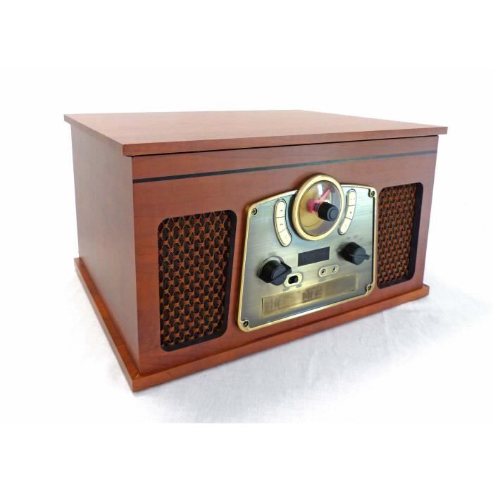 INOVALLEY RETRO10E-BTH-N - Chaîne Hi-fi rétro - Connectivité bluetooth, USB, Vinyles, CD, K7 audio, Radio FM, Aux-In - Bois vieilli