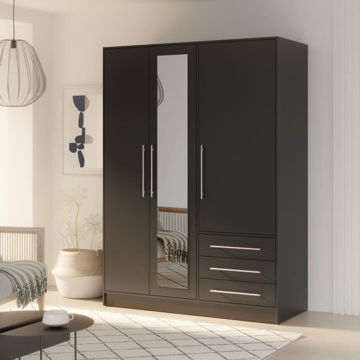 Armoire 3 portes battantes avec miroir + 3 tiroirs - Bois aggloméré - Noir - L 144,6 x P 60 x H 200 cm - JUPITER