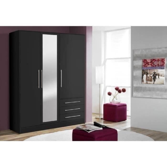 Armoire 3 portes battantes avec miroir + 3 tiroirs - Bois aggloméré - Noir - L 144,6 x P 60 x H 200 cm - JUPITER