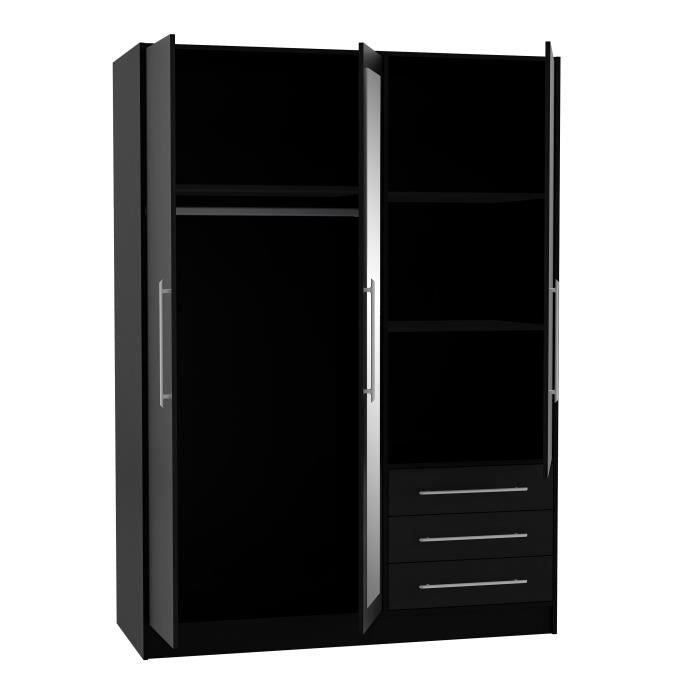 Armoire 3 portes battantes avec miroir + 3 tiroirs - Bois aggloméré - Noir - L 144,6 x P 60 x H 200 cm - JUPITER