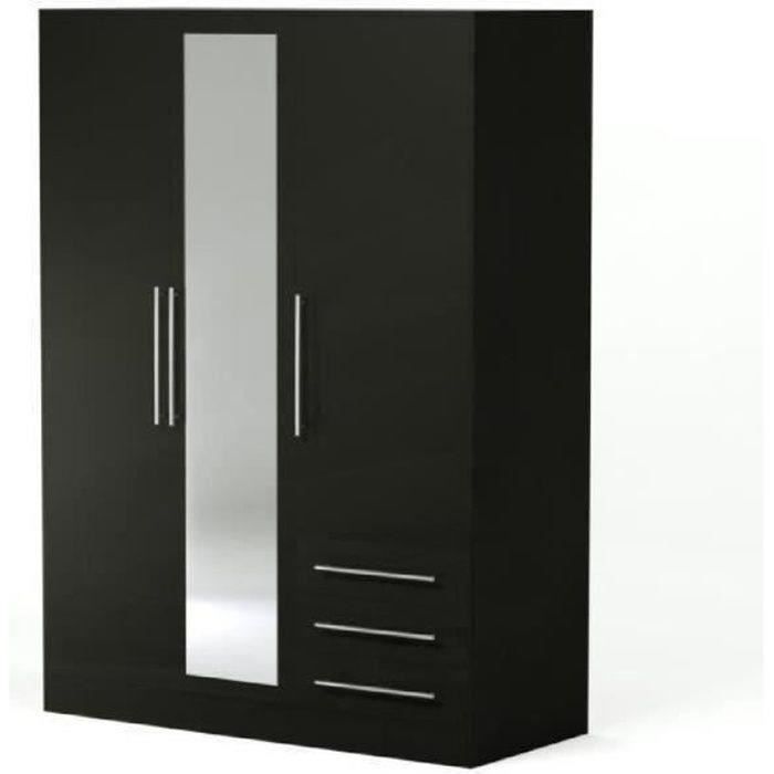 Armoire 3 portes battantes avec miroir + 3 tiroirs - Bois aggloméré - Noir - L 144,6 x P 60 x H 200 cm - JUPITER