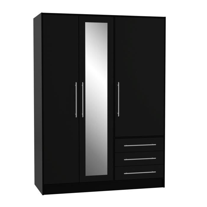 Armoire 3 portes battantes avec miroir + 3 tiroirs - Bois aggloméré - Noir - L 144,6 x P 60 x H 200 cm - JUPITER