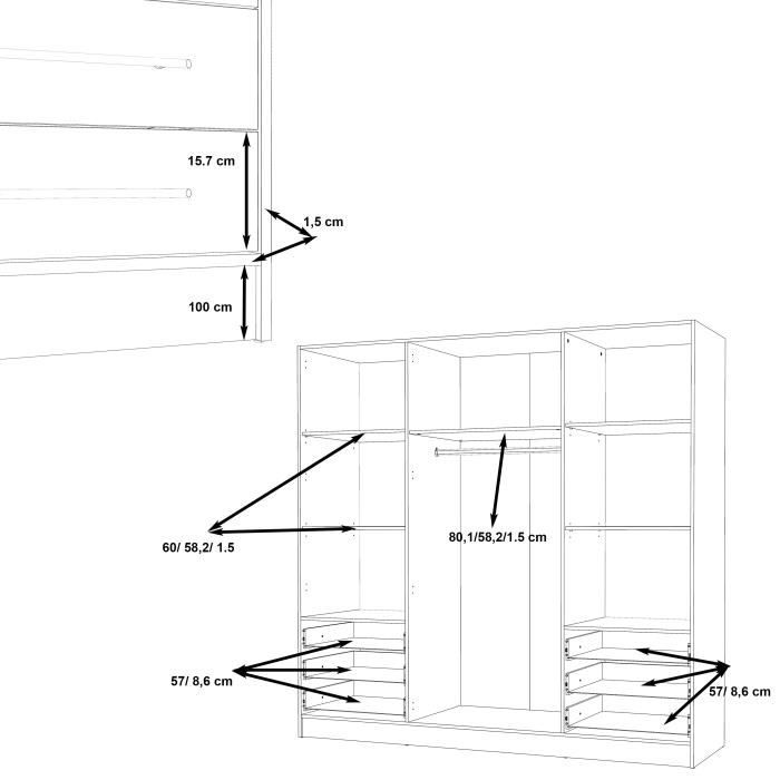 Armoire 4 portes battantes + 6 tiroirs - Bois aggloméré - Blanc mat - L 206,5 x P 60 x H 200 cm - JUPITER