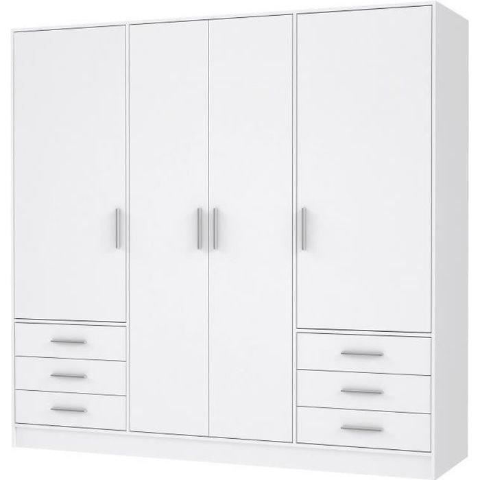 Armoire 4 portes battantes + 6 tiroirs - Bois aggloméré - Blanc mat - L 206,5 x P 60 x H 200 cm - JUPITER