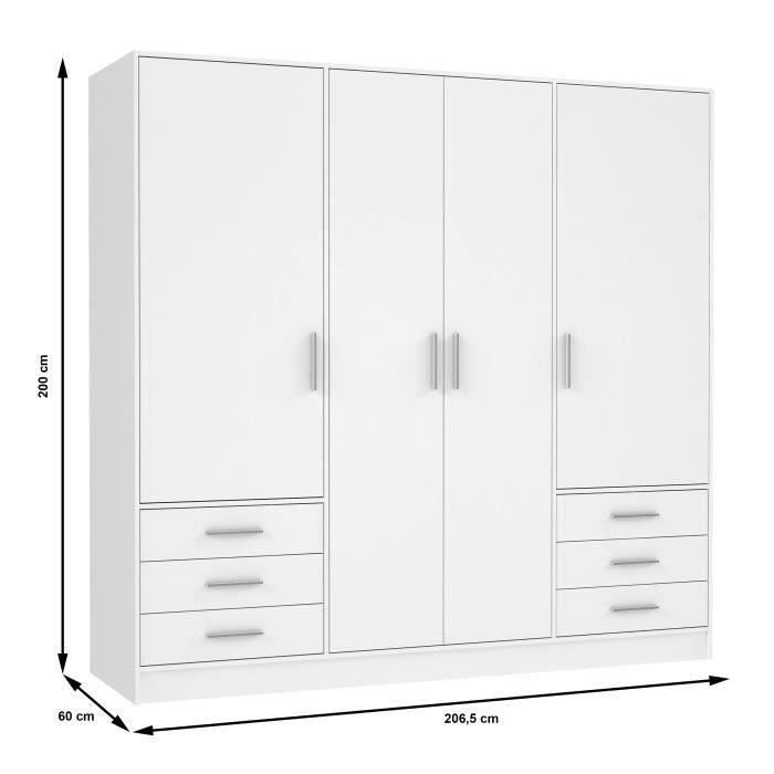 Armoire 4 portes battantes + 6 tiroirs - Bois aggloméré - Blanc mat - L 206,5 x P 60 x H 200 cm - JUPITER