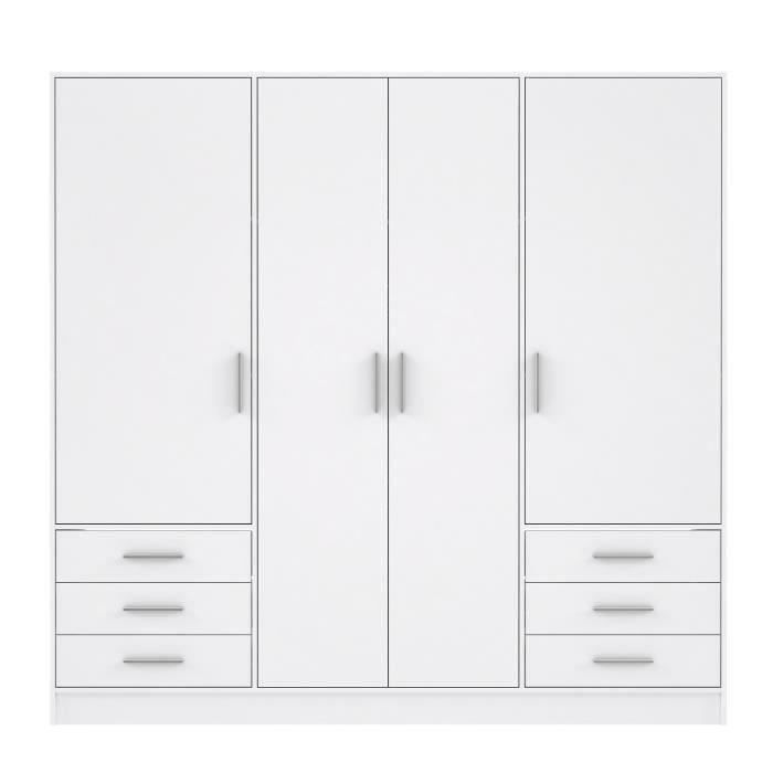 Armoire 4 portes battantes + 6 tiroirs - Bois aggloméré - Blanc mat - L 206,5 x P 60 x H 200 cm - JUPITER