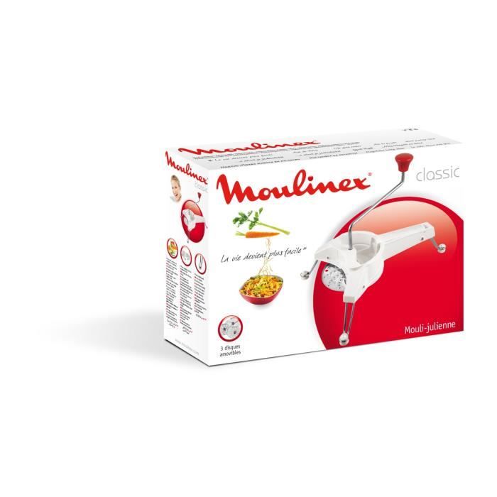 MOULINEX Classic Mouli-julienne, Râpe, Emince, Pieds rabattables, Compatible lave-vaisselle, Fabriqué en France, Blanc K1011014