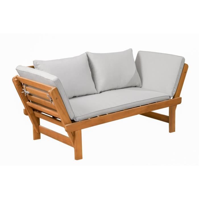 Banquette de jardin convertible en bois d'acacia - 2 places - Avec coussins - KAYDA - Gris clair