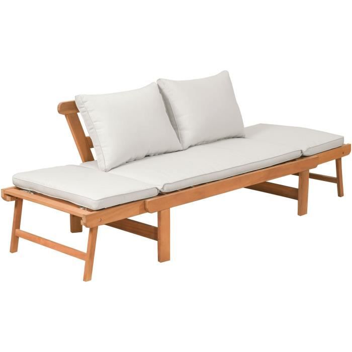 Banquette de jardin convertible en bois d'acacia - 2 places - Avec coussins - KAYDA - Gris clair