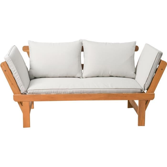 Banquette de jardin convertible en bois d'acacia - 2 places - Avec coussins - KAYDA - Gris clair