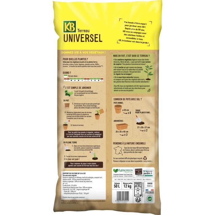 KB Terreau universel toutes plantes 50L - Formule enrichie en engrais organique