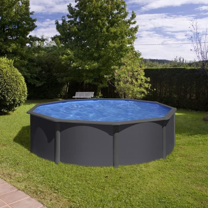 GRE - Kit Piscine hors sol acier ronde grise anthracite - Ø370 x H122 (Livrée avec filtre a sable + échelle)