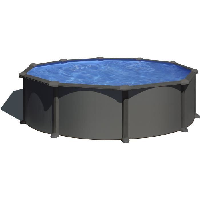 GRE - Kit Piscine hors sol acier ronde grise anthracite - Louco - Ø480 x 122 cm (Livrée avec filtre a sable, échelle de sécurité)