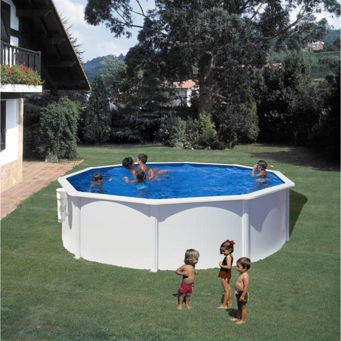 GRE - Kit Piscine hors sol acier blanche ronde - Ø370 x H122 cm (Livrée échelle de sécurité + filtre a cartouche)