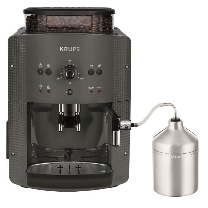 KRUPS Machine a café broyeur grain, Mousseur de lait, 2 tasses espressos simultané, Nettoyage automatique, Essential grise YY5149FD