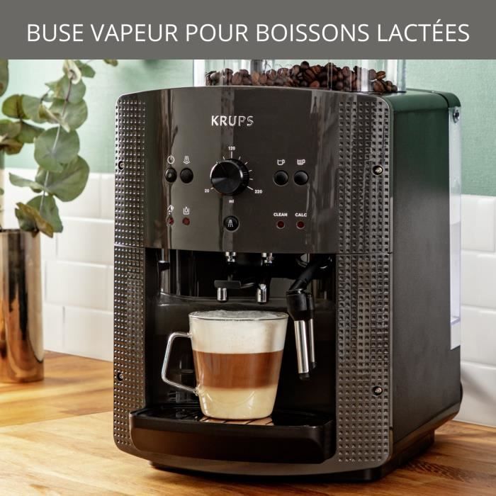 KRUPS Machine a café broyeur grain, Mousseur de lait, 2 tasses espressos simultané, Nettoyage automatique, Essential grise YY5149FD