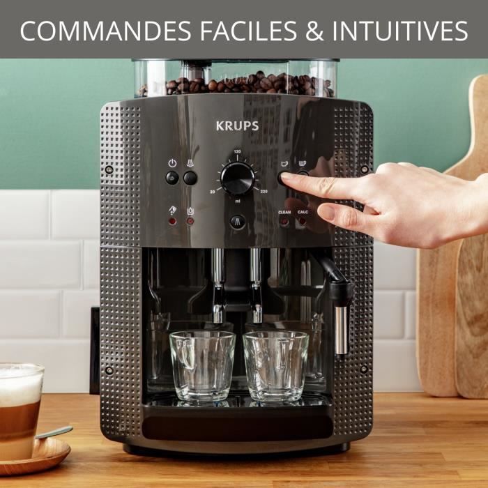 KRUPS Machine a café broyeur grain, Mousseur de lait, 2 tasses espressos simultané, Nettoyage automatique, Essential grise YY5149FD