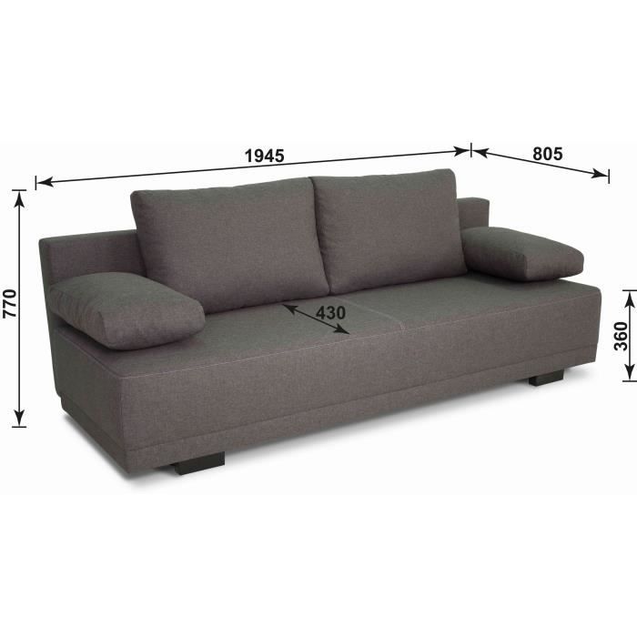 Banquette convertible en Tissu Gris  L 194 x P 80 x H 77 cm  LARA - Fabriqué en Ukraine