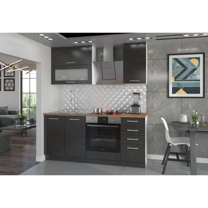 LASSEN Cuisine complete L 180 cm avec meuble four et plans de travail - 6 éléments - Gris Matera