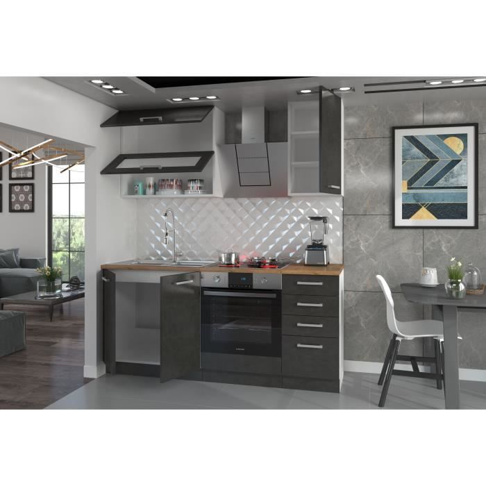 LASSEN Cuisine complete L 180 cm avec meuble four et plans de travail - 6 éléments - Gris Matera