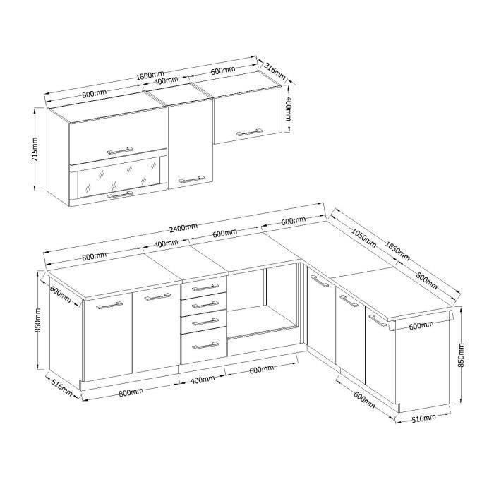 LASSEN Cuisine complete d'angle 240x165 cm avec plan de travail - Angle réversible - Décor chene sonoma