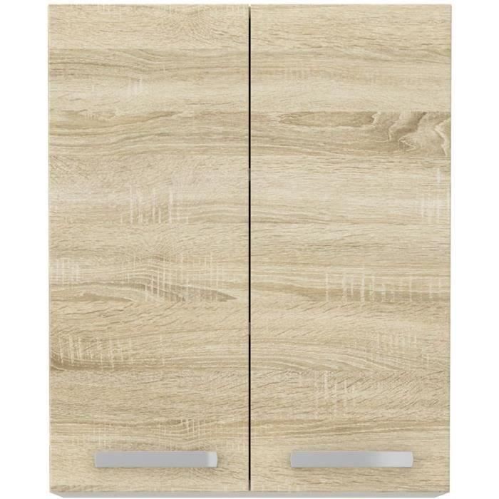 Meuble haut 2 portes battantes - Décor chene sonoma - L 60 cm x P 31,6 x H 72 cm - LASSEN