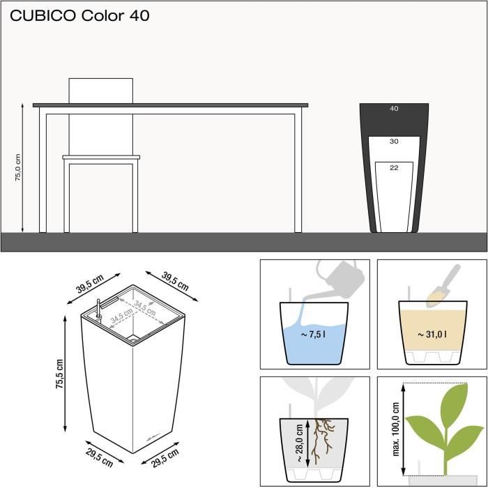 Jardiniere LECHUZA Cubico Color 40 - Ardoise - Systeme de sous-irrigation - 40x40x75cm