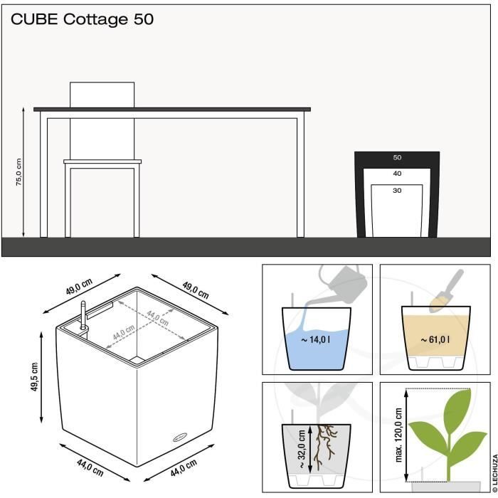 Pot de fleur LECHUZA Cube Cottage 50 - kit complet, blanc - Plastique - 14 L - 49 x 49 x 49,5 cm