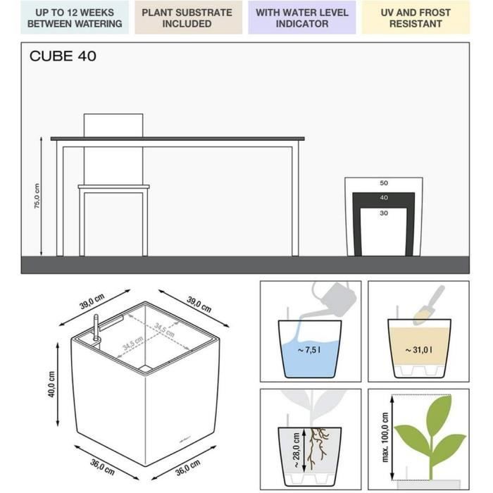 Pot de fleur LECHUZA Cube Premium 40 - kit complet, blanc brillant