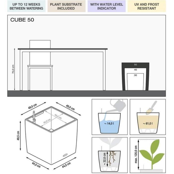 Pot de fleur LECHUZA Cube Premium 50 - kit complet, taupe brillant