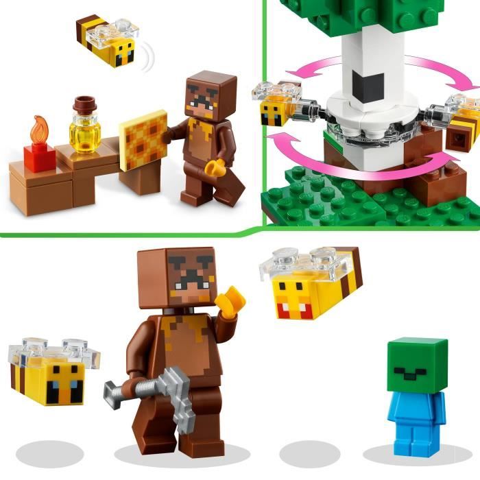 LEGO Minecraft 21241 La Cabane Abeille, Jouet, Ferme avec Maison, Zombie et Figurines Animaux