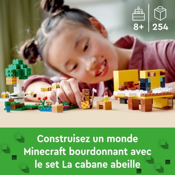 LEGO Minecraft 21241 La Cabane Abeille, Jouet, Ferme avec Maison, Zombie et Figurines Animaux