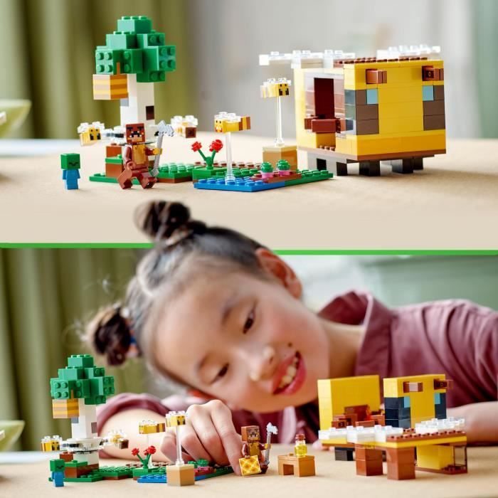 LEGO Minecraft 21241 La Cabane Abeille, Jouet, Ferme avec Maison, Zombie et Figurines Animaux