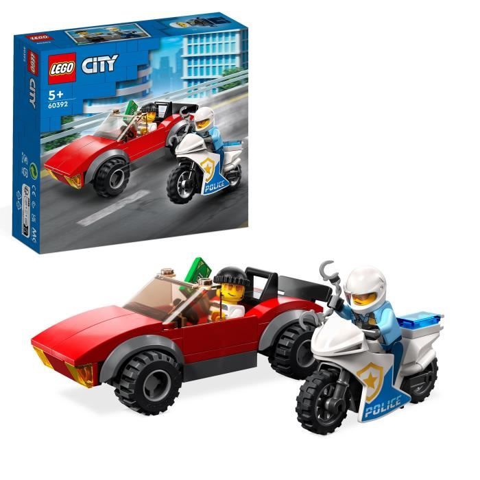 LEGO City 60392 La Course-Poursuite de la Moto de Police, Jouet Voiture de Course et 2 Policiers