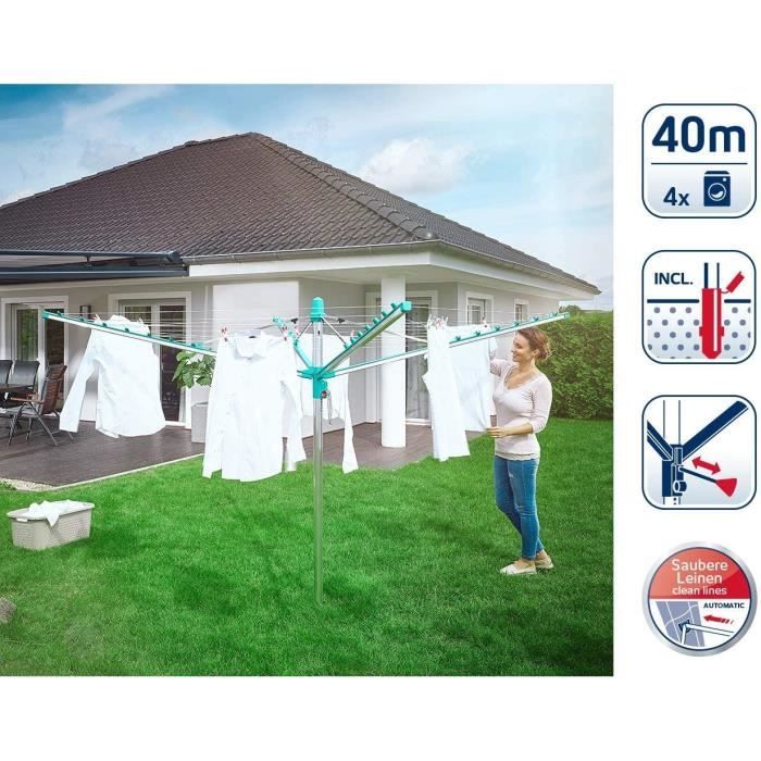 Leifheit 85285 Séchoir jardin parapluie Linomatic 400 Easy - 40 metres avec syteme Easy-Lift, rétractation automatique des fils