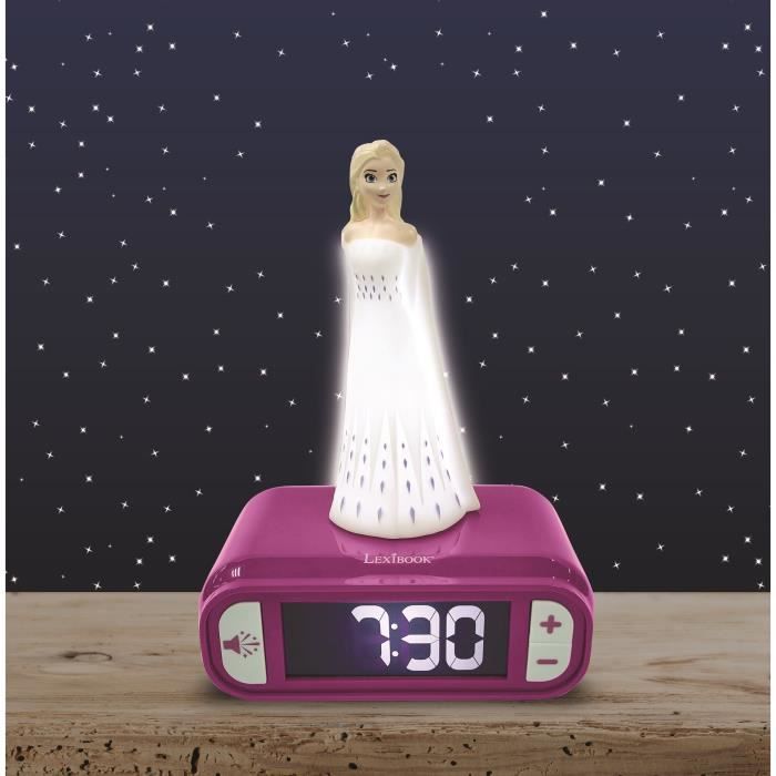 Réveil digital Elsa La Reine des Neiges 2 avec veilleuse lumineuse en 3D et effets sonores - LEXIBOOK