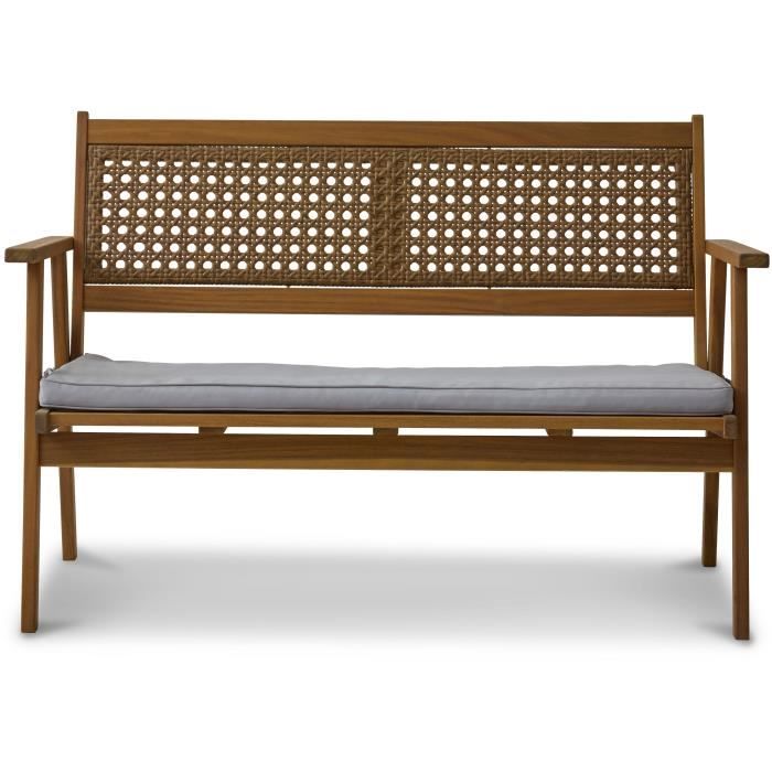 Banquette de jardin LIANZA - 2 places - Acacia et cannage en résine tressée - L121 x H71 x P78 cm