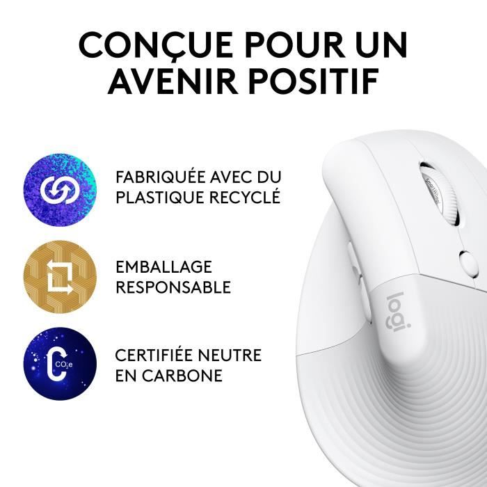 Souris Logitech Lift Ergonomique Verticale, Sans Fil, Silencieuse - Blanc