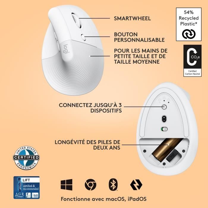 Souris Logitech Lift Ergonomique Verticale, Sans Fil, Silencieuse - Blanc