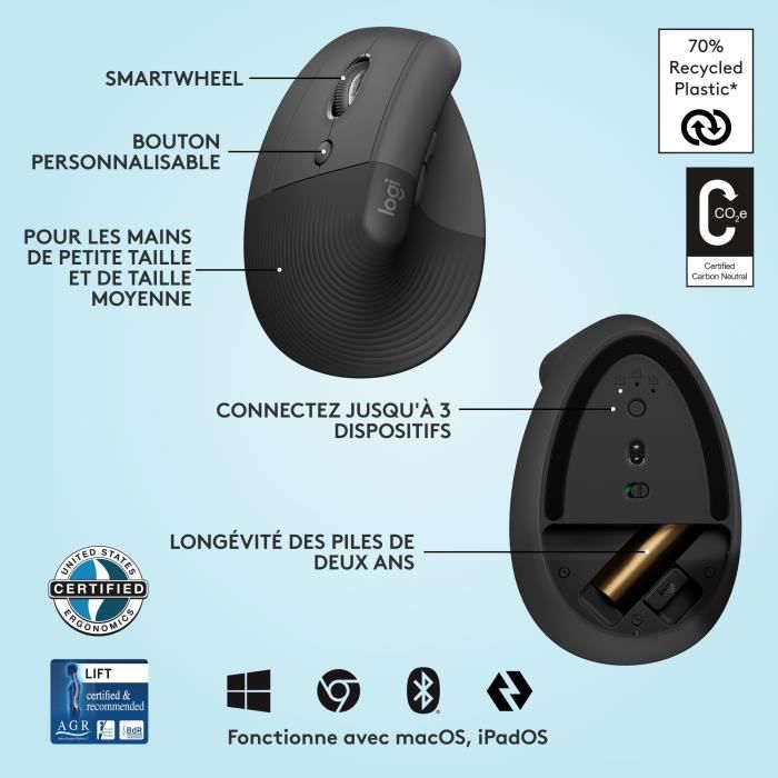 Souris Logitech Lift Left Ergonomique Verticale, Sans Fil, Silencieuse - Graphite