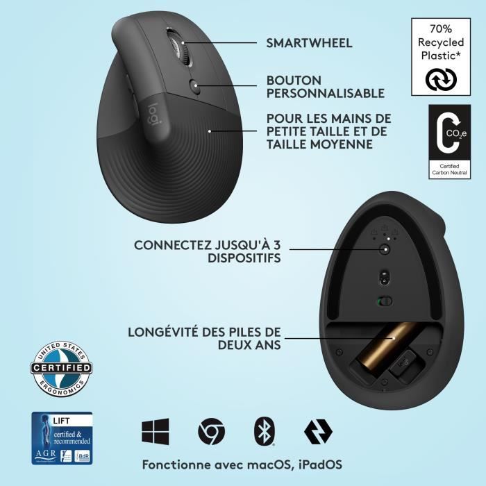 Souris ergonomique - Sans fil - Logitech - Droitier - Graphite