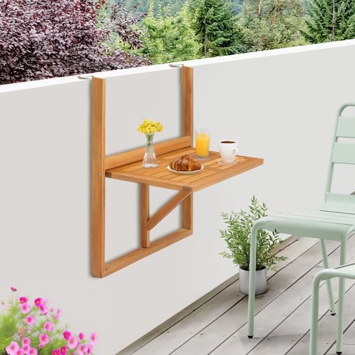 Table de balcon suspendue LILOU - Bois d'acacia FSC - Pliable - 60x44x80 cm