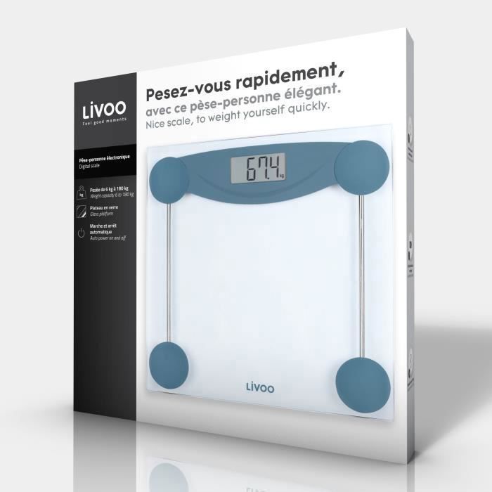 LIVOO DOM426B - Pese-personne électronique -  Plateau en verre trempé et écran LCD -  Pesée jusqu'a 180 kg -  Graduation au 100 g