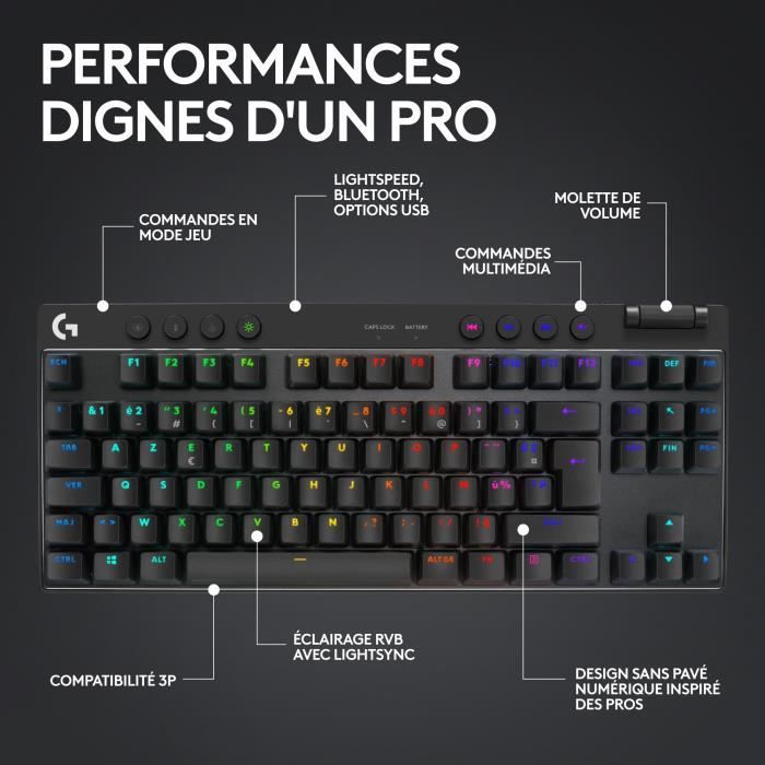 Clavier gamer - Sans fil - Logitech G - G Pro X TKL Lightspeed - Retroeclaire - AZERTY - Noir